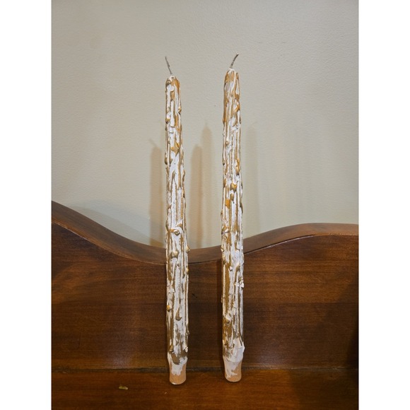 The Unbranded Brand Other - Pair VTG Mid Century 12" Faux Melting Wooden Taper Candles Gold/White Drippy